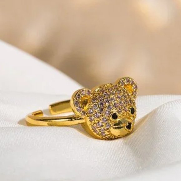 3/$35 Sparkling Bear Gold Plated Open Ring Copper Silver Cubic Zirconia Animal - Picture 5 of 6